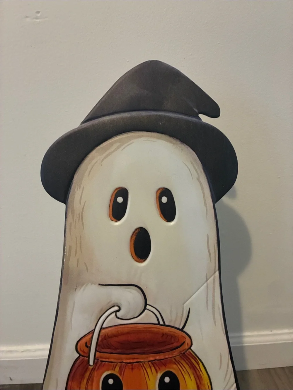 NWT- 23” White Ghost Witch w/ Orange Pumpkin Pail- Metal Easel Stand Porch Sign